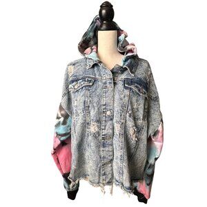 Thrill Jeans Jacket Tie-Dye Hood & Sleeves Distressed Button Front Crop Size 3X